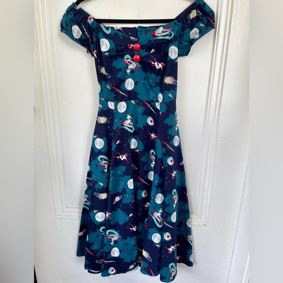 Collectif Dresses & Skirts - Collectif Blue Cosmic Space Babe Rocket Print Dress WITH POCKETS!!!